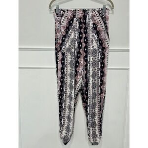 EST 1946 Womens Boho Medallion Print Smocked Waist Jogger Pants Black Pink M